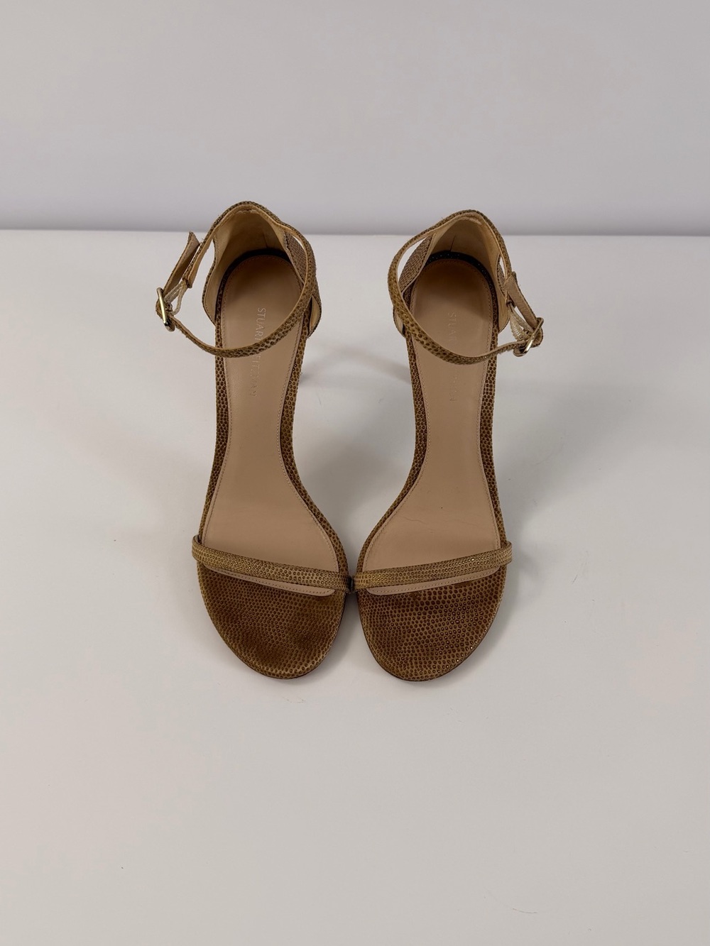 Stuart Weitzman Gold Nudist Ankle-Strap Heeled Sandals